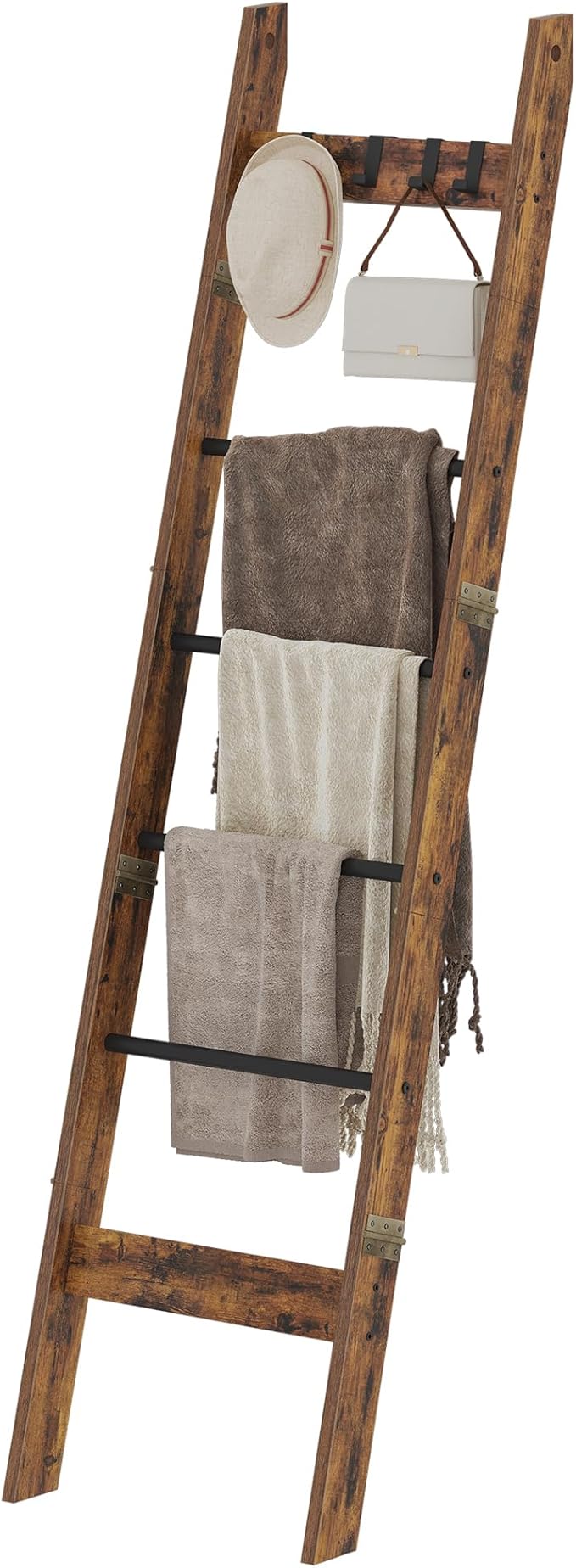 Blanket Ladder for Living Room, Decorative Quilt Rack with 4 Removable Hooks, 5-Tier Farmhouse Ladder Holder Shelf Organizer for Bedroom, Rustic Brown and Black BR31501B