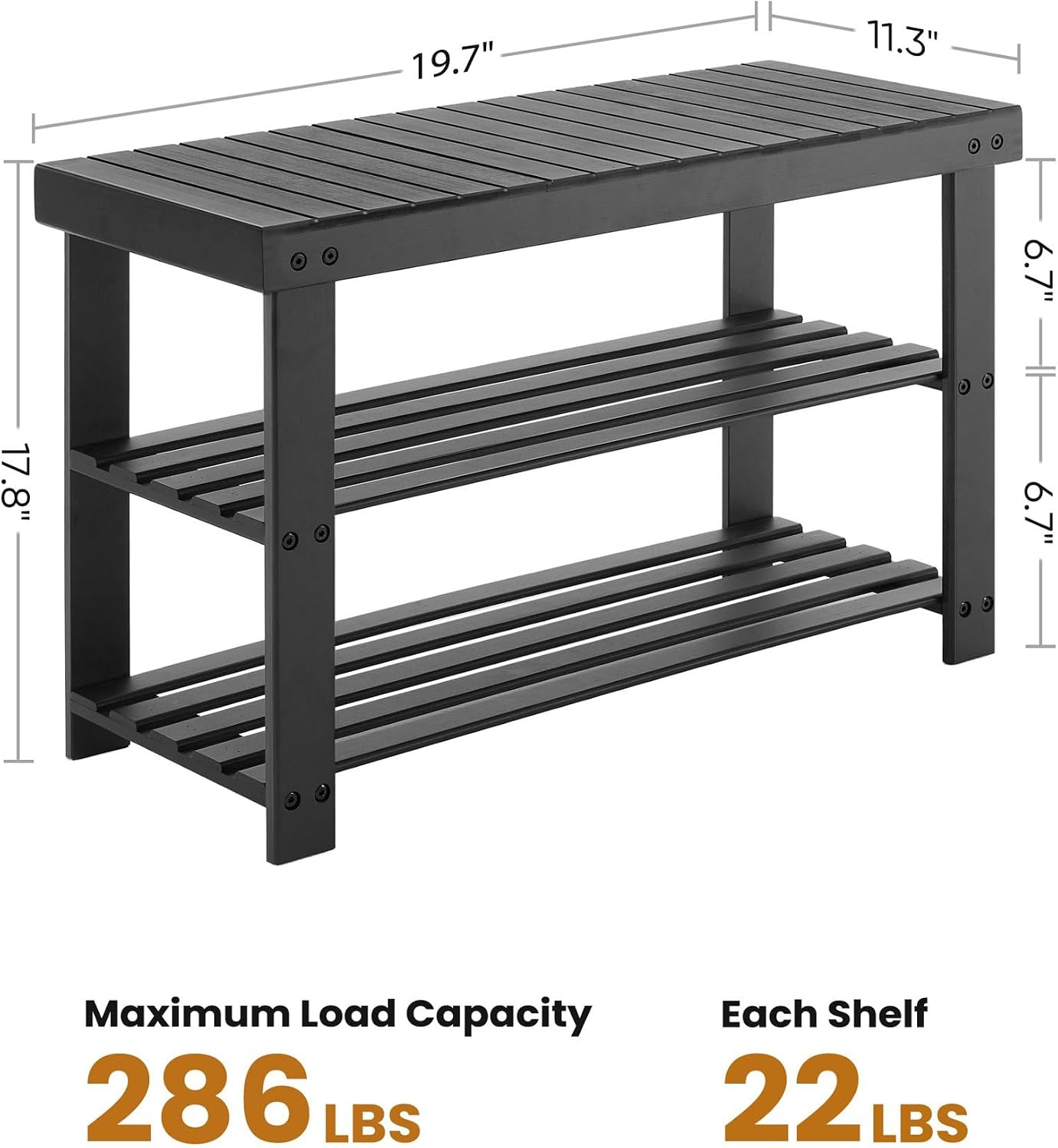 Simple Deluxe Shoe Rack Bench, 3-Tier Bamboo Storage Organizer, 286lb Capacity Entryway Bench for Front Door, Bedroom, Living Room, Bathroom, Balcony, Stylish Shoes Black (11.3 x 19.7 x 17.8 Inches)