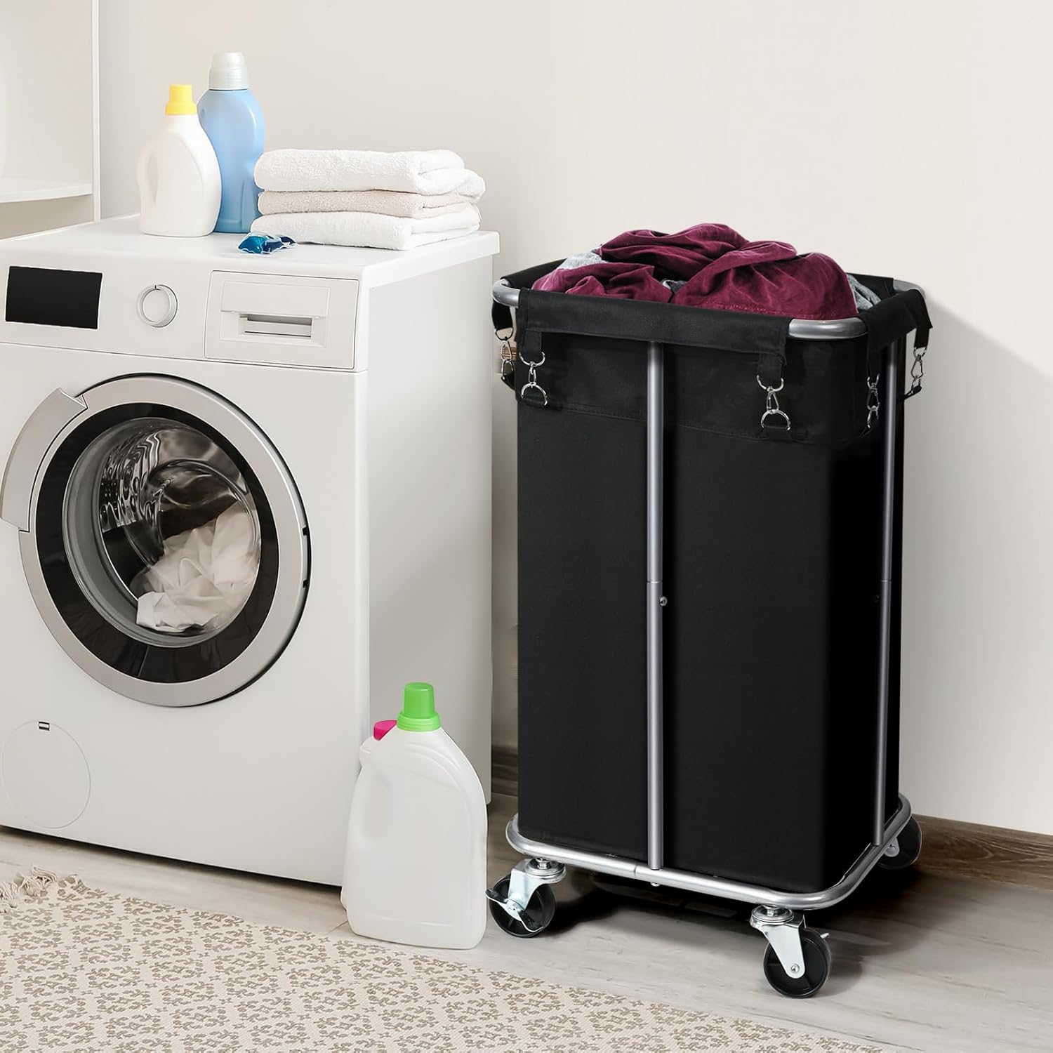 Laundry Basket with Wheels, Rolling Laundry Hamper with Removable Bag, 100L Laundry Sorter Cart, Tall Narrow Slim Clothes Hamper Organizer with Sturdy Metal Frame, Black+Silver