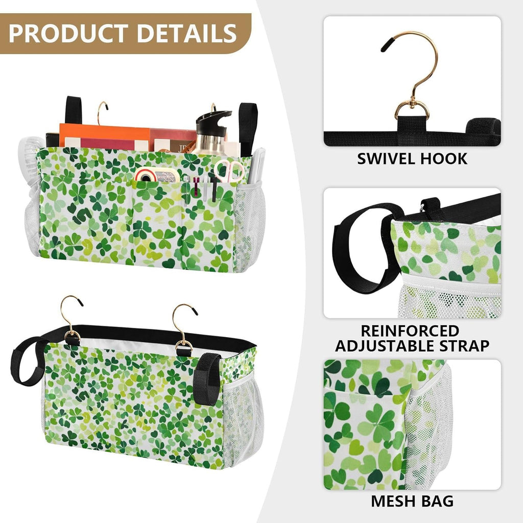 Bright Green Clover St. Patrick Bedside Caddy for Dorm Bed Bedside Hanging Caddy Bag Iron Frame Storage Organizer Pocket for Bunk Home College Hospital Beds 2 Hooks
