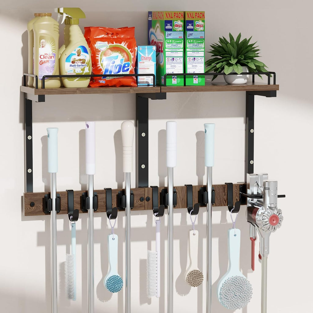 Mop Holder Wall Mount with Cleaning Supplies Organizer, Wood Mop and Broom Hanger Rack Organizer with Anti-Fall Wall Shelf with 5 Clips & Hooks for Garage Laundry Room Kitchen (Dark)