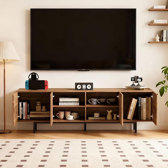 70.87" Mid-Century Modern TV Stand, Entertainment Center with 4 Storage Cabinets, Media Console Table for Living Room & Bedroom,Walnut
