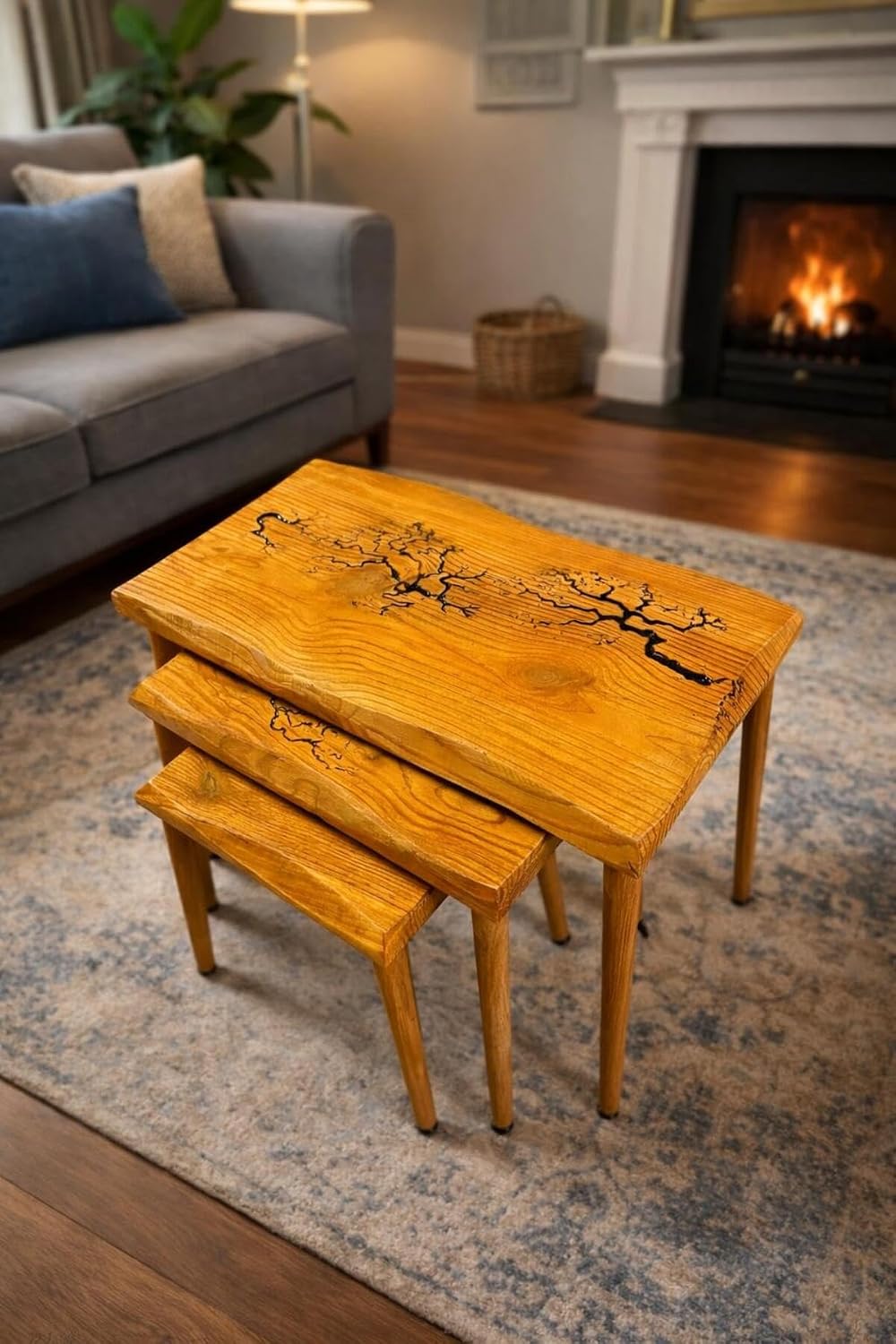 SODEF Handmade Oak Series Nesting Side Table Set - 3 Piece Retro Style Wood T...
