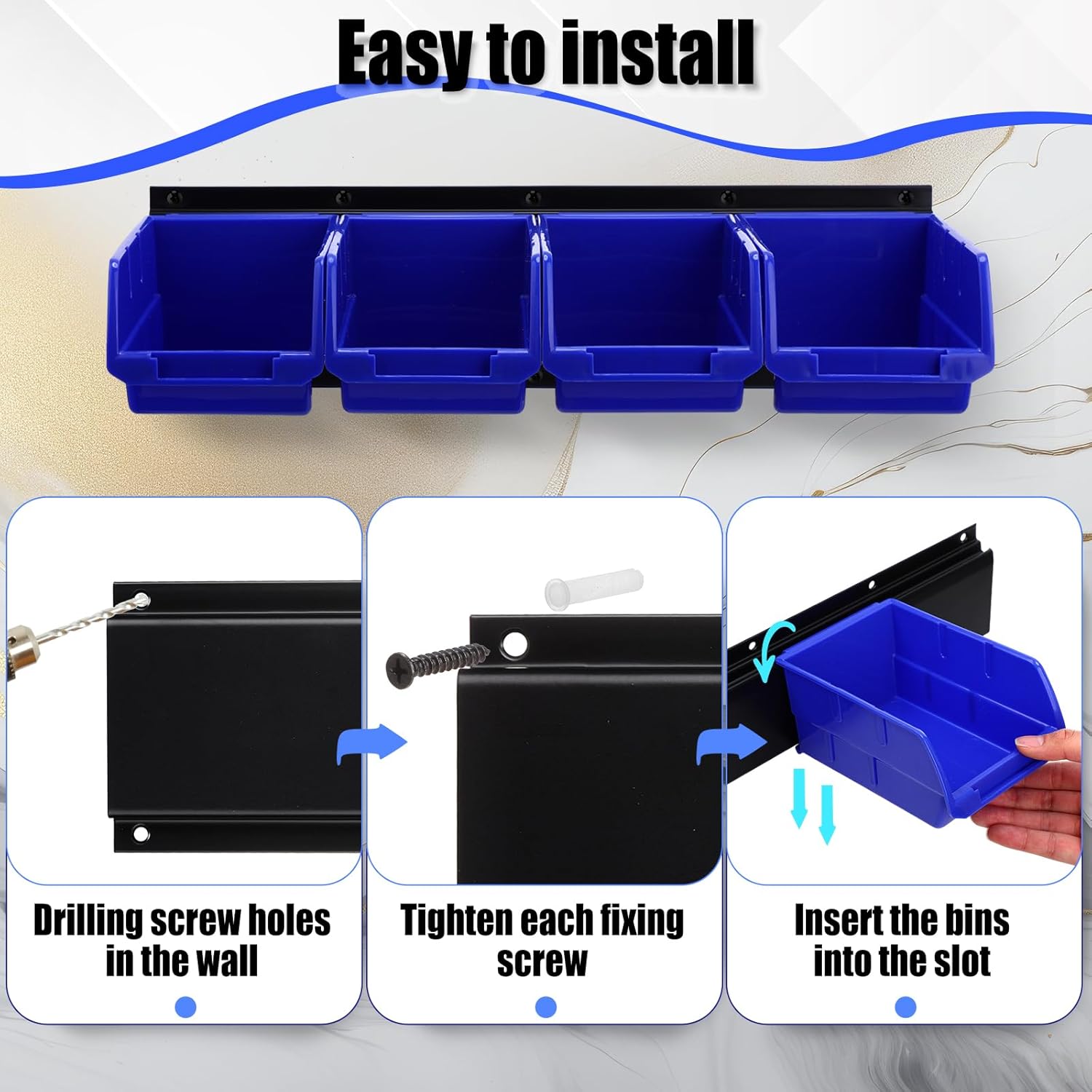 Maitys Wall Mounted Storage Bins Plastic Hanging Stackable Storage Parts Garage Tool Organizer for Screws, Nuts, Bolts, Nails, and Small Hardware Parts, 16x Bins & 4 x Rails(Blue)