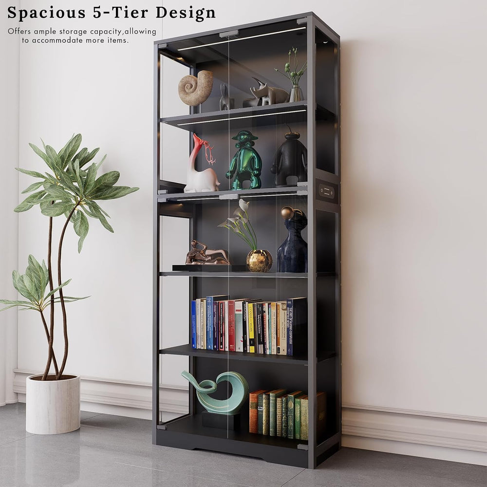 Display Cabinet with Glass Doors, 5-Tier 65" Glass Display Cabinet with ...