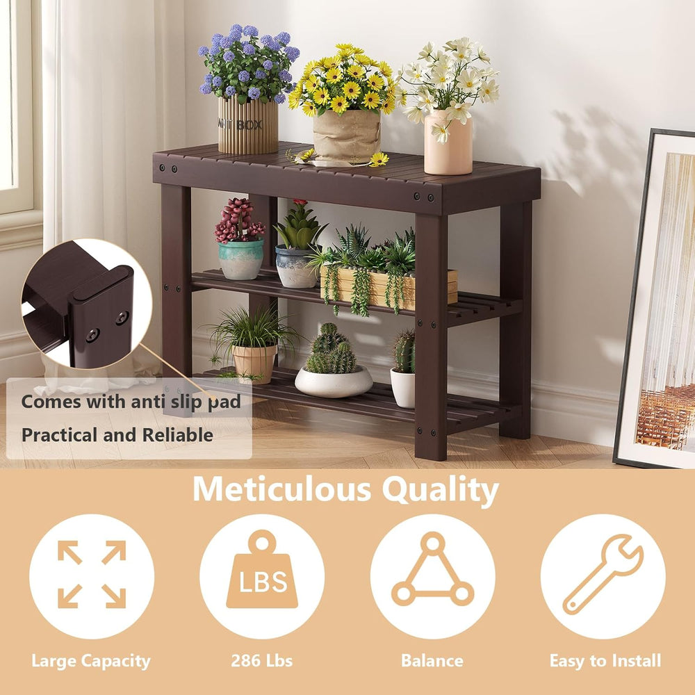 NEWBULIG Shoe Rack Bench, 3-Tier Bamboo Shoe Organizer, Wooden Entryway Stora...