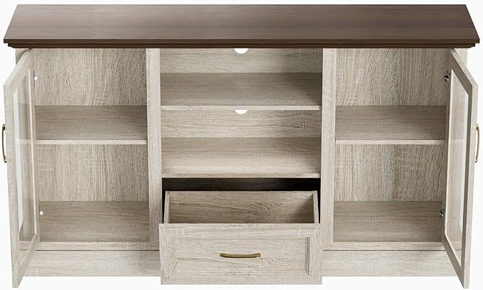 Beige Farmhouse TV Stand with Storage Cabinets and Glass Doors, Entertainment Center for 75 Inch TV, Media Console Side Storage Cabinets for Living Room