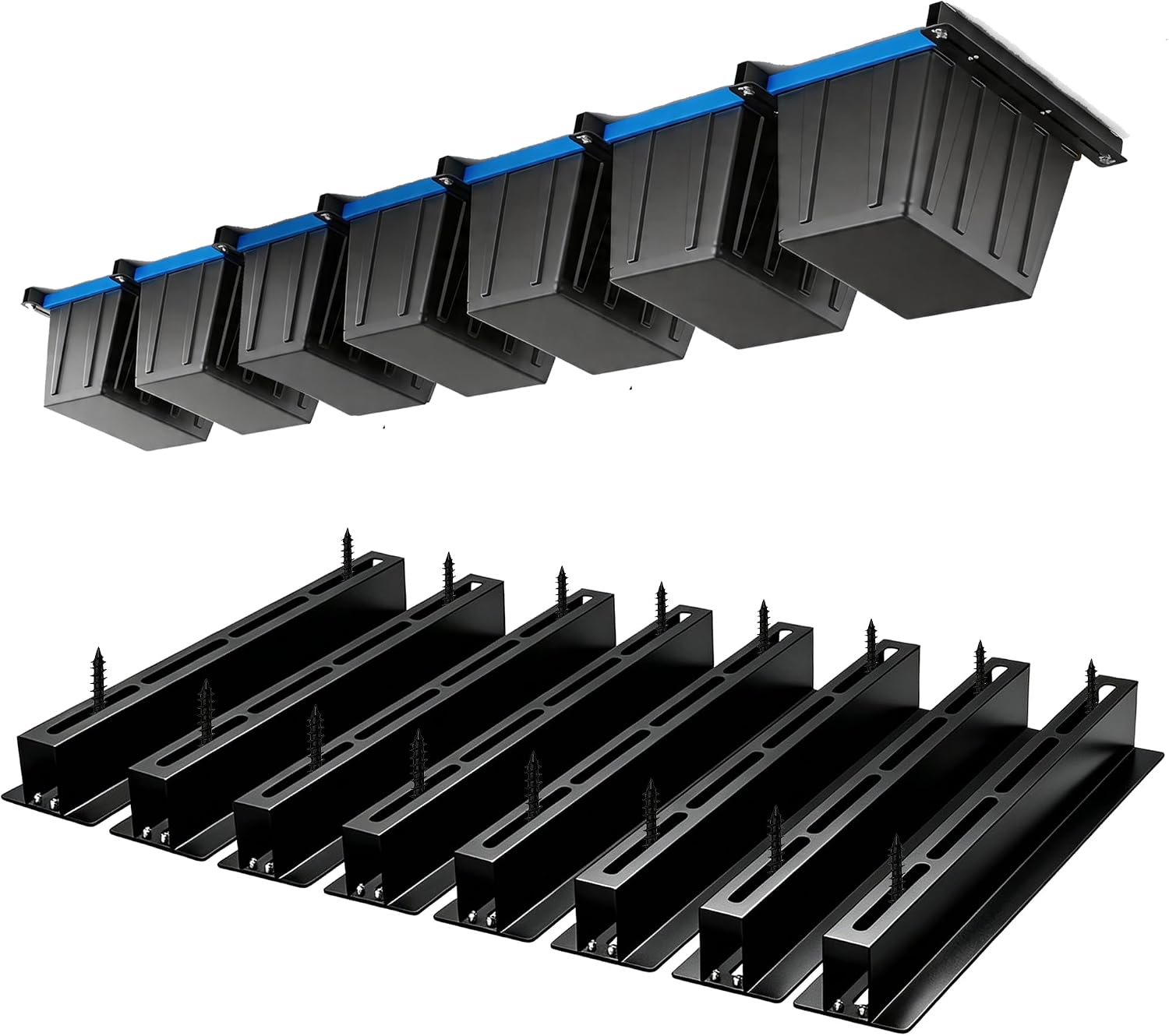Heavy Duty Garage Ceiling Storage Rack System, Overhead Bin Slide Track Rails for 7 Bins (8 Pack), Adjustable Tote Hanger, 176 Lbs Capacity Steel