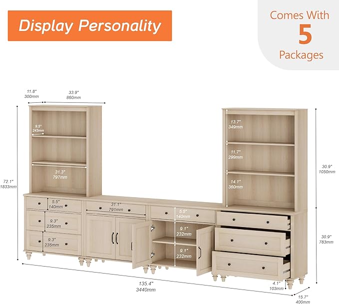 WAMPAT Entertainment Center with Bookshelves for TVs up to 75", Farmhouse Wall Unit TV Stand with Doors & Drawer, Media Console Table for Living Room, Bedroom & Home Theater, Beige