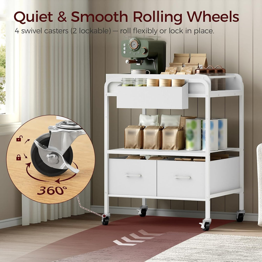 MAHANCRIS Kitchen Island with Storage, 3-Tier Microwave Stand with Wheels | Kitchen Rolling Cart, Kitchen Utility Storage Cart for Coffee Bar, Laundry Room, Office, 31.5 x 23.6 x 42.1 Inches, White
