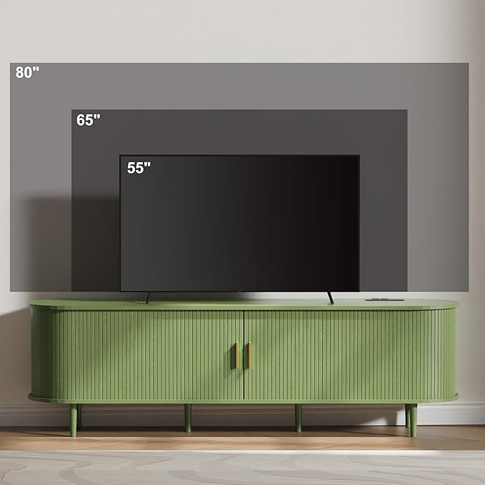 DHH 70.8 Inch Mid Century Modern TV Stand with Power Outlet for TVs up to 80 Inch, Entertainment Center with Storage and Adjustable Shelves, Media Console with Sliding Doors for Living Room(Green)