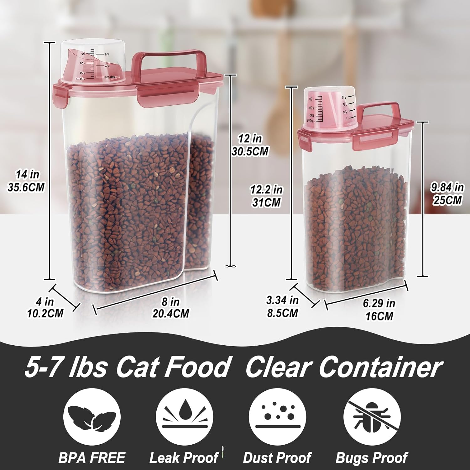 5-7Lbs Dog Cat Food Storage Container with Upgraded Large Nozzle BPA-free, 4 Snap Seals Plastic Pet Food Storage Containers with Handles (Clear Pink, (5L+3L) 2pack)