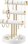Bracelet Holder Jewelry Organizer Display - 3 Tier T Bar Velvet Stand, White Necklace Holder Organizer, Bracelet Holder, Earring Holder and Ring Display for Jewelry Organizers and Storage