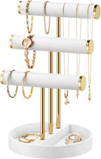 Bracelet Holder Jewelry Organizer Display - 3 Tier T Bar Velvet Stand, White Necklace Holder Organizer, Bracelet Holder, Earring Holder and Ring Display for Jewelry Organizers and Storage