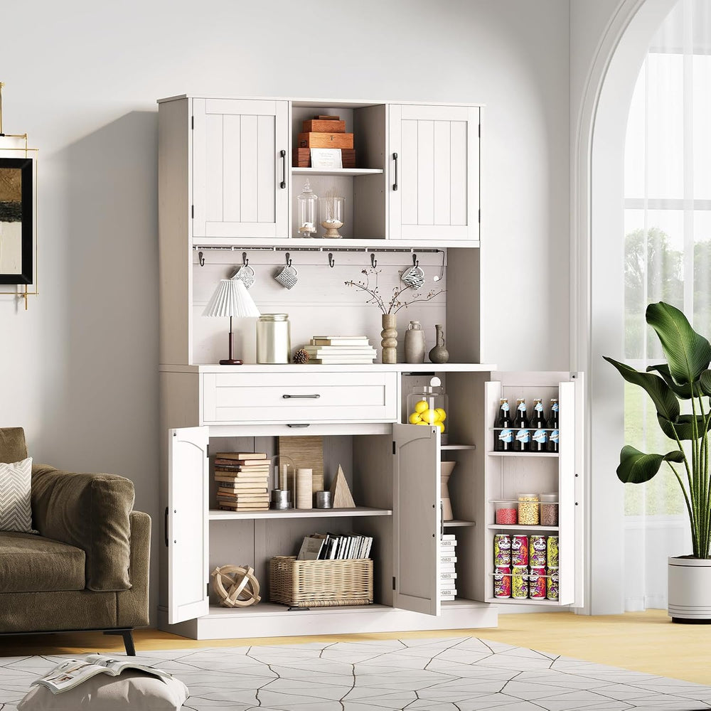 ONBRILL 71" Kitchen Pantry Storage Cabinet with LED Light/Outlet, Off-Wh...