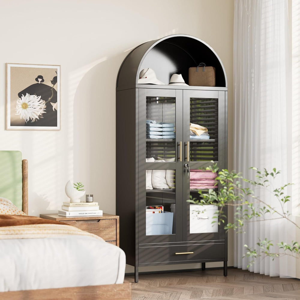 72.83" H Black Metal Arched Cabinet with 1 Drawer,Arched Cabinet with Gl...