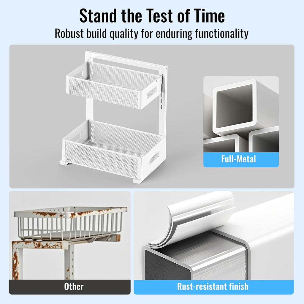 Full Metal Under Sink Organizer, Pull Out Cabinet Organizers and Storage, Silk-Smooth Sliding Drawer for Kitchen, Bathroom, Pantry, Cabinet, Closet (White, 2 Pack)
