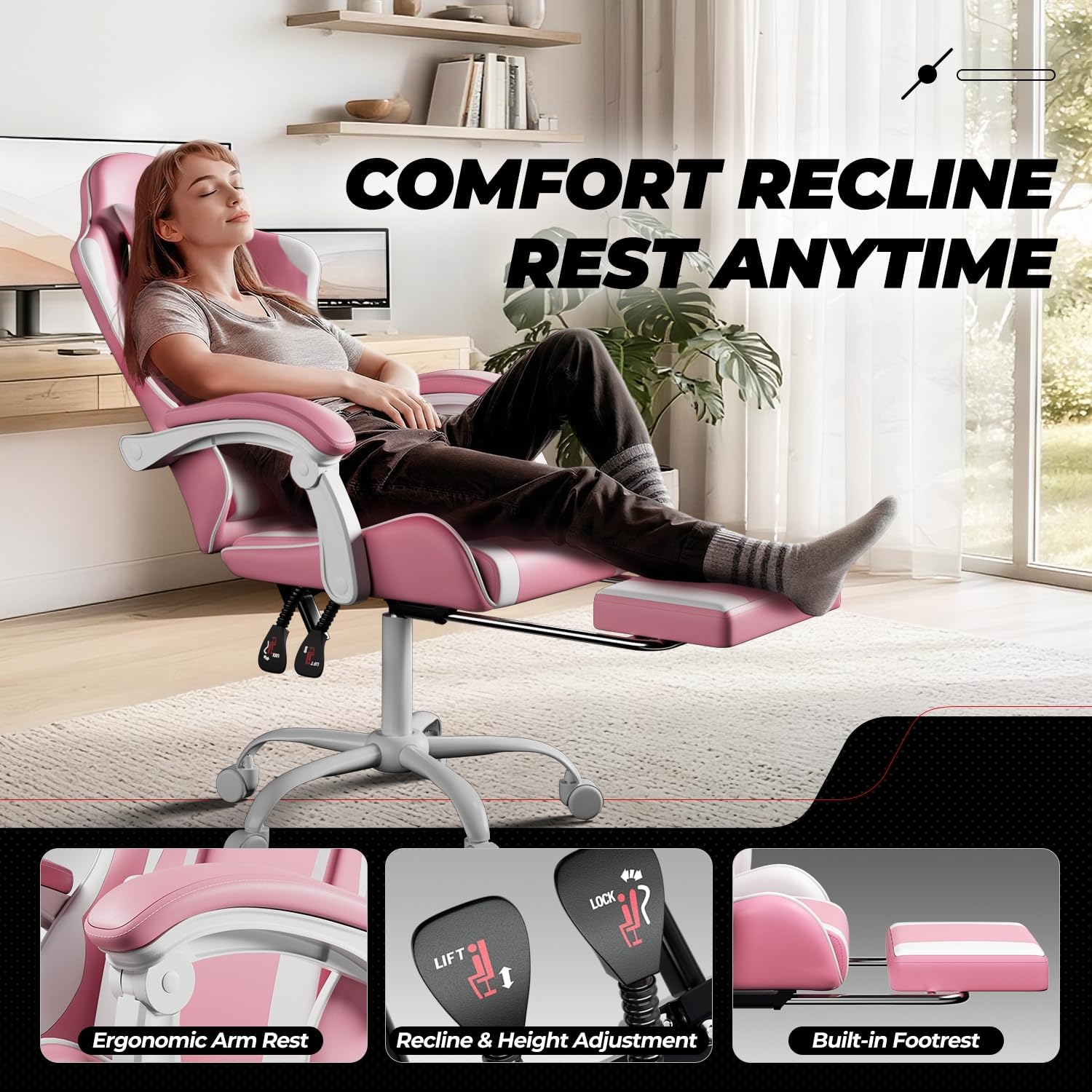 Auto Dynasty Ergonomic Gaming Chair, High-Back Office Chair w/Adjustable Lumbar Support, Linkage Armrest, Headrest & Footrest, 350LBS Recliner Swivel Computer Game Racing Chair, Pink/White