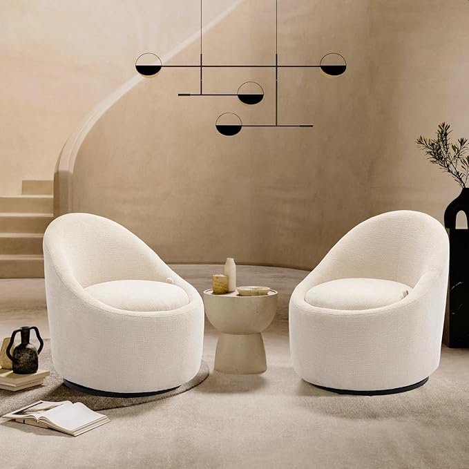 COLAMY Swivel Accent Chair Set of 2, 360° Swivel Round Chair with Hidden Storage, Modern Small Barrel Armchair for Living Room/Bedroom, Beige