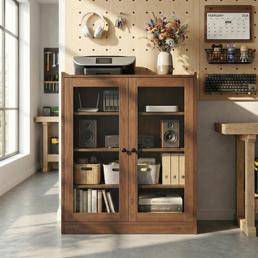 holzart Audio Stereo Cabinet with Glass Doors, 35.4" Tall Vintage AV Com...