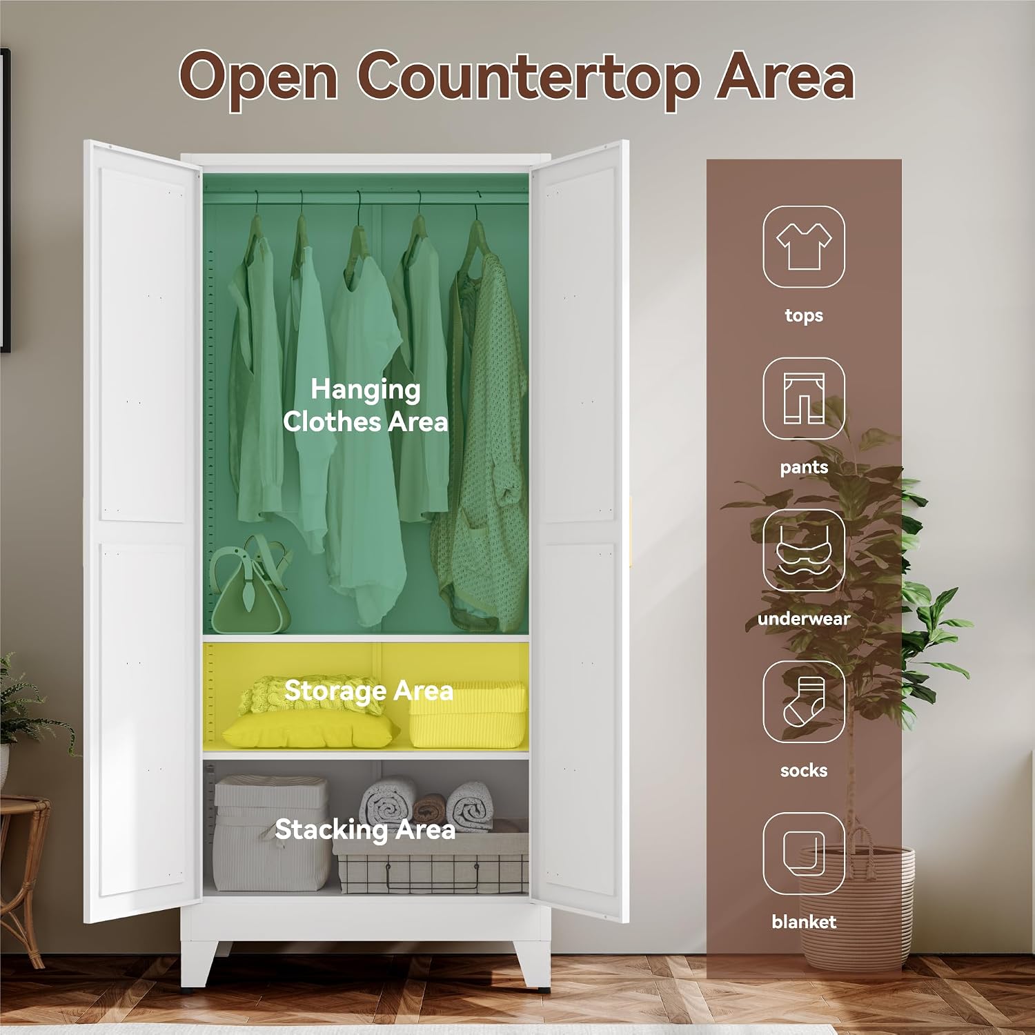 YAUWOH Farmhouse Wardrobe Cabinet,Metal Wardrobe Closet with Hanging Rod,Metal Armoire with Adjustable Shelves for Bedroom,Cloak Room,Office (White)
