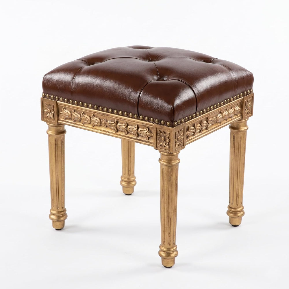 Vanity Stool, French Vintage Square Stool with Cushion, Round Tufted Upholste...