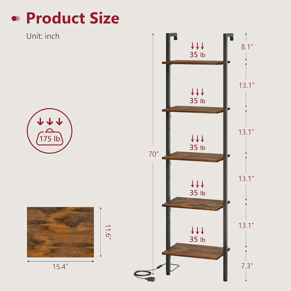 Tajsoon 5 Tier Ladder Bookshelf with Light, Wall Ladder Shelf Rustic Brown