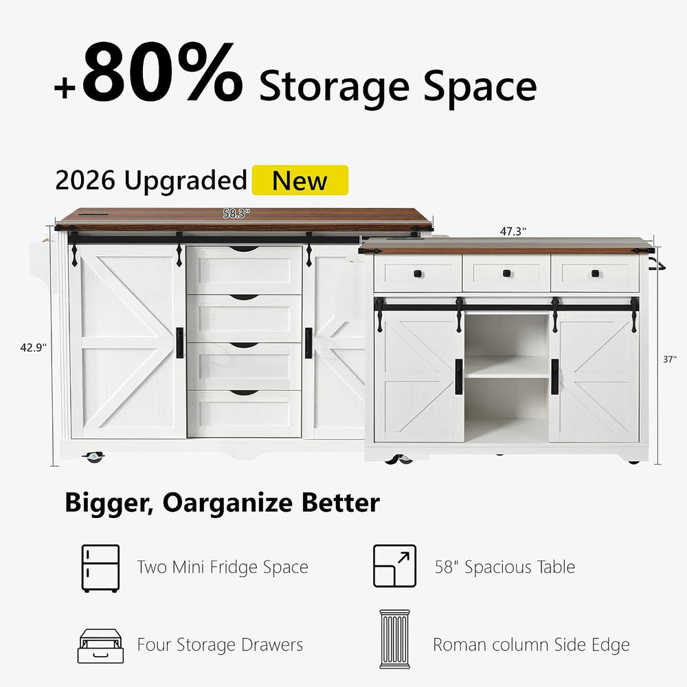 Merax 72" Farmhouse Rolling Kitchen Island with Drop Leaf, White | Coffe...