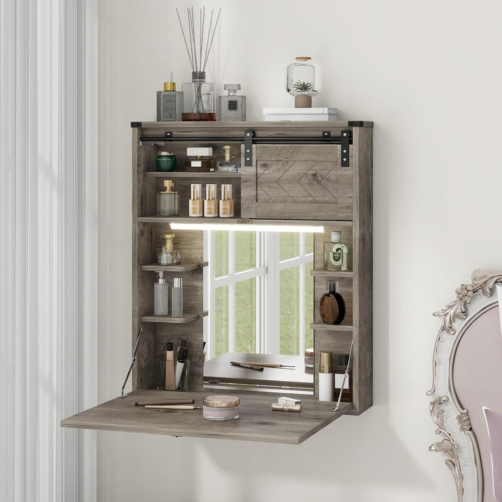 ARTETHYS Floating Vanity Desk with Mirror and Lights Small Wall Mounted Makeu...