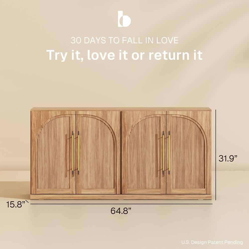 BELLEZE 65 Inch Sideboard Cabinet with Double-Arc Wood Doors, Large Buffet Ca...