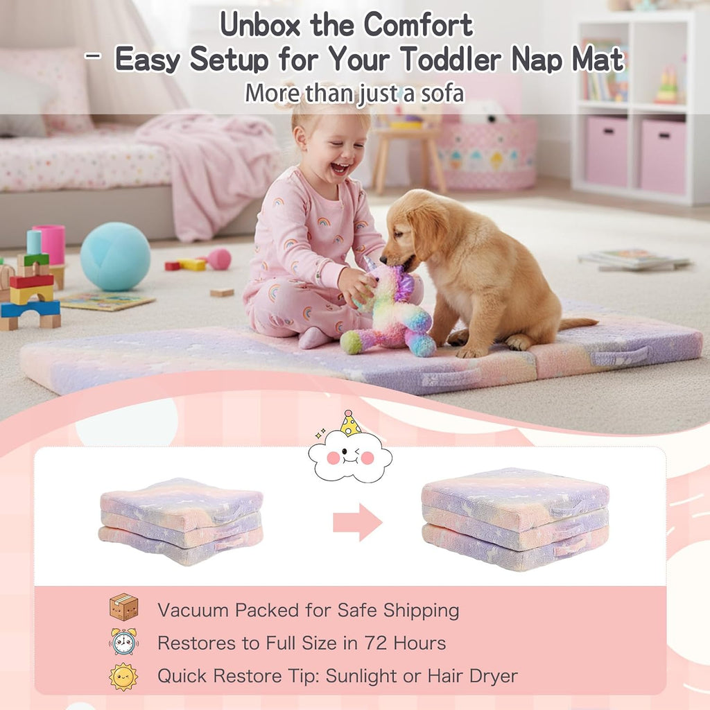 Tiita Foldable Floor Mattress for Kids-Glow in The Dark Toddler Nap Mat with Storage Bag, Portable Toddler Floor Pad for Travel, Daycare, Camping, RV, Playroom, Twill Pegasus
