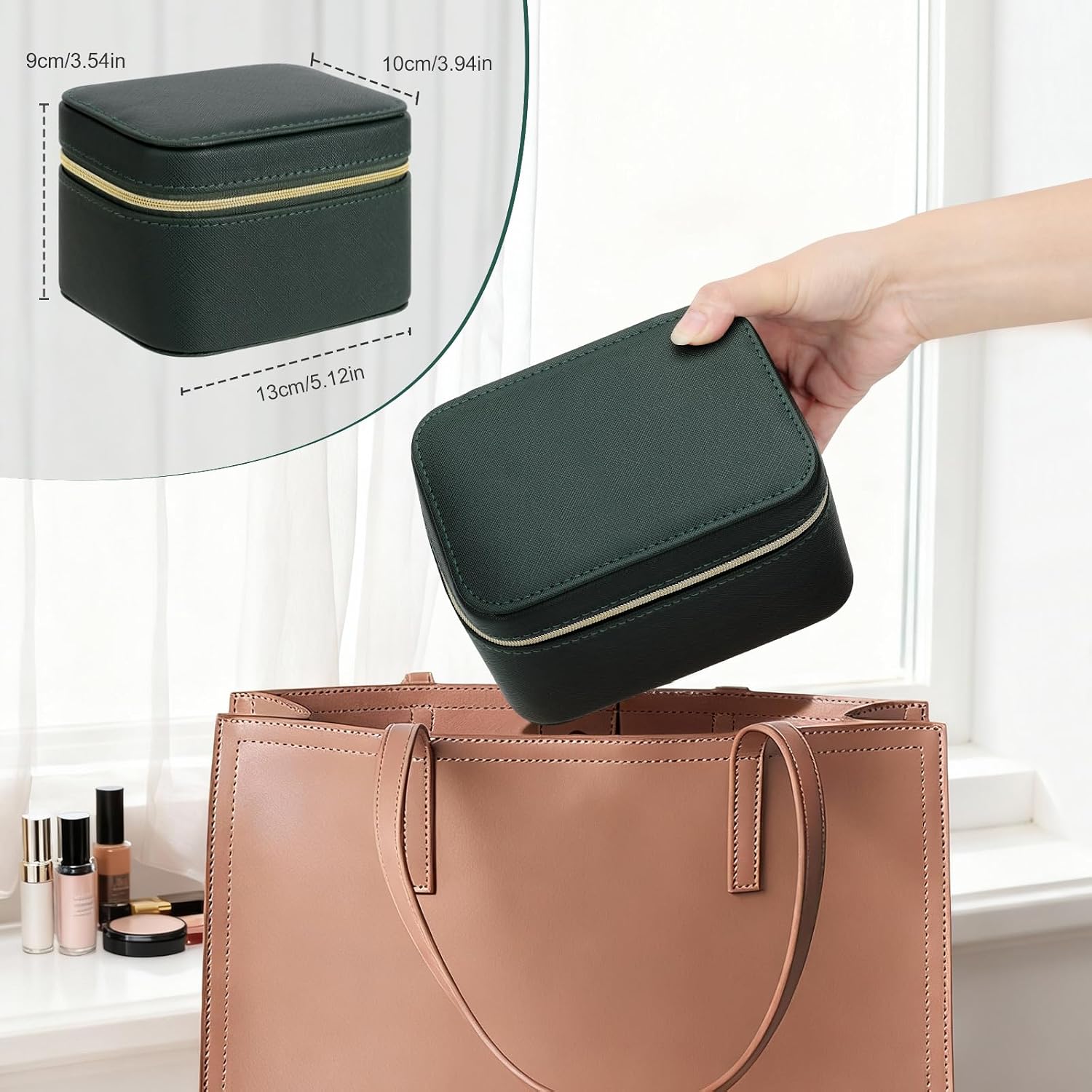 DesignSter Travel Jewelry Case,Small Jewelry Box with Mirror,Leather Material Travel Jewelry Case Organizer, Portable Jewelry Organizer with Zipper(Green