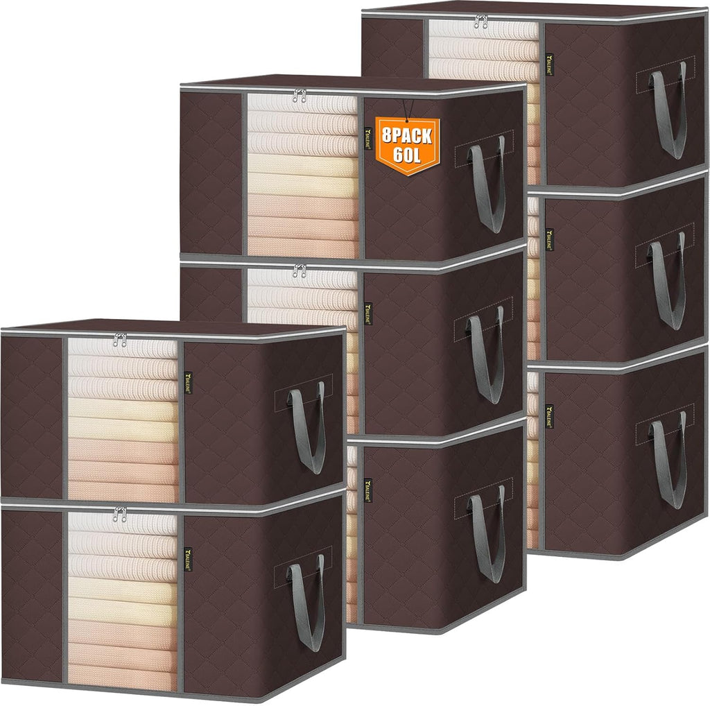 BALEINE 8 Pack Clothes Storage Bags, 16 Gallon Storage Containers with Reinforced Handle, Sturdy Zipper, Closet Organizer for Blanket, Comforter, Pillow, Bedding (Brown, 8 Pack)