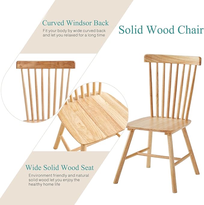Solid Wood Windsor Dining Chairs Set of 2,Wood Spindle Back Chairs for Home Kitchen