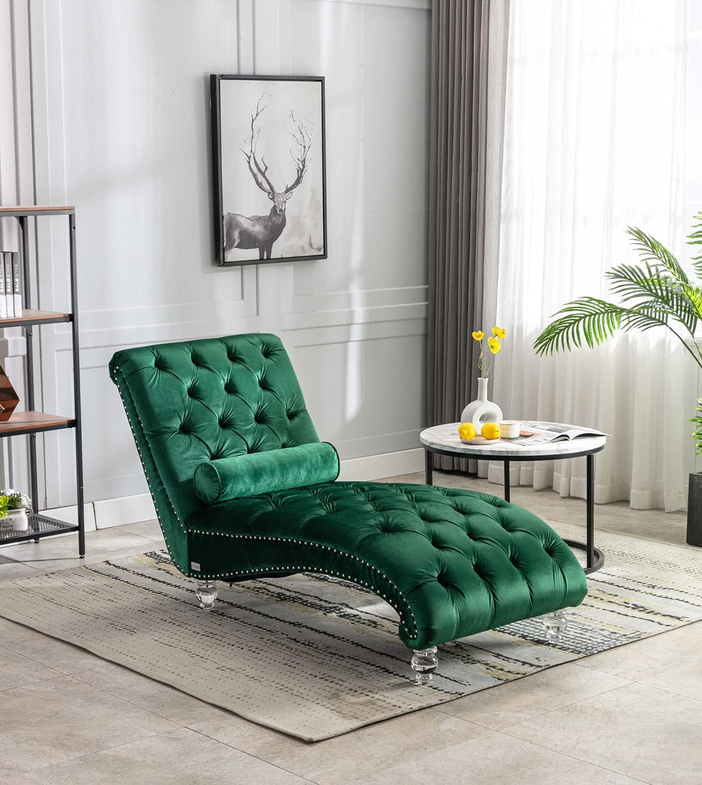 Velvet Chaise Lounge Chair with Toss Pillow, Modern Tufted Button Lounge Chair with Acrylic Legs, Upholstered Indoor Sleeper Chair for Living Room, Bedroom, Emerald Green