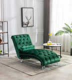 Velvet Chaise Lounge Chair with Toss Pillow, Modern Tufted Button Lounge Chair with Acrylic Legs, Upholstered Indoor Sleeper Chair for Living Room, Bedroom, Emerald Green