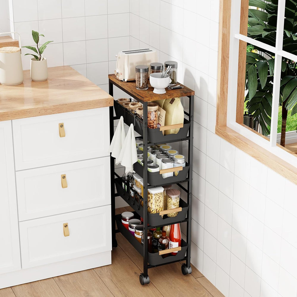 5-Tier Slim Storage Cart, Wooden Top Rolling Kitchen Cart with Pull-Out Baske...