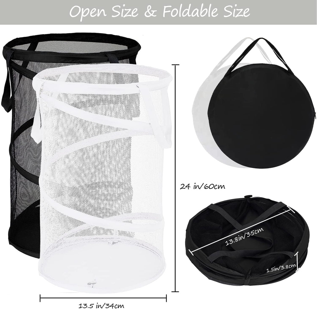 BATTOO 2 Pack Large Collapsible Laundry Basket Foldable Mesh Pop Up Hamper with Handles for Laundry Room, Bathroom, Kids Room, College Dorm, Travel, Storage Organizer Black+White