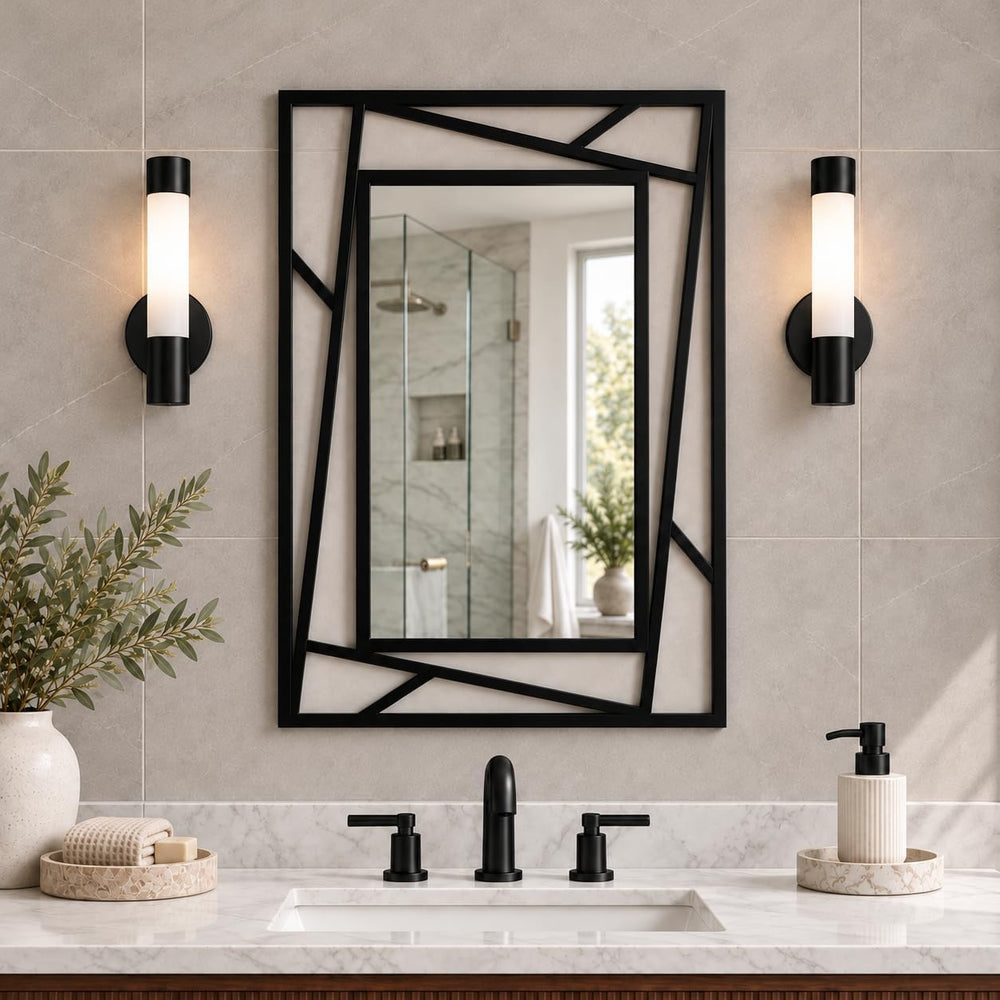 Black Geometric Wall Mirror, 36 x 24 Inch Decorative Metal Framed Bathroom Mi...