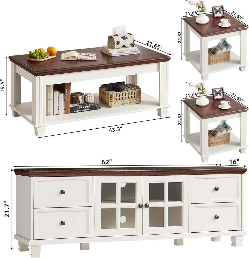SAVOR LIFE Farmhouse TV Stand and Coffee Table Set 4 Piece, White | Living Ro...