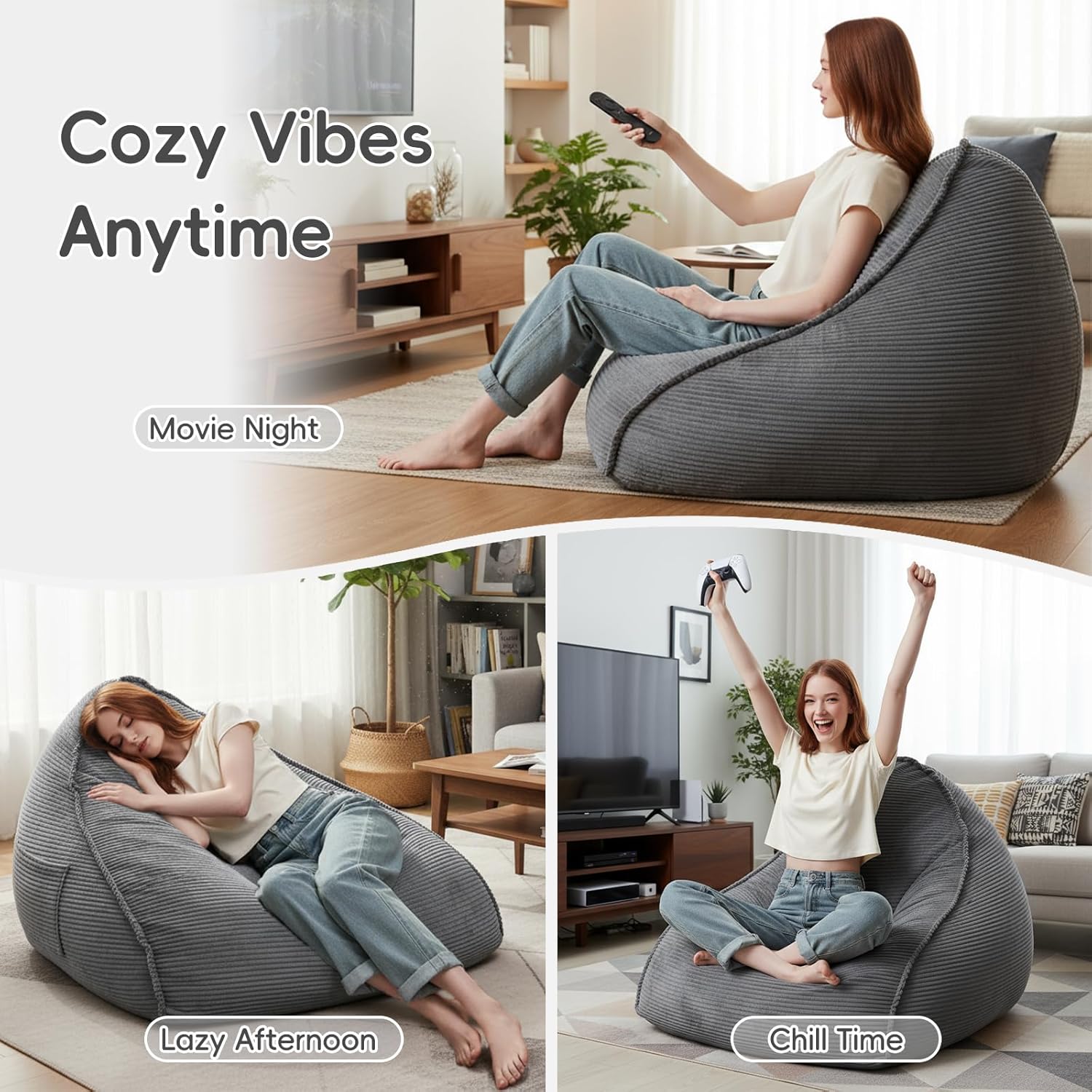 Bean Bag Chair with Ottoman for Adults, Large Corduroy Bean Bag Couch, Boneless Chaise Lounge Reading Chair with High-Resilience Foam, Floor Lounger for Bedroom Living Room (Grey)