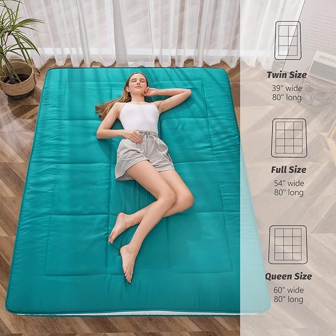 MAXYOYO Futon Mattress, Padded Japanese Floor Mattress Quilted Bed Mattress Topper, Extra Thick Folding Sleeping Pad Breathable Floor Lounger Guest Bed for Camping Couch, Turquoise, Full