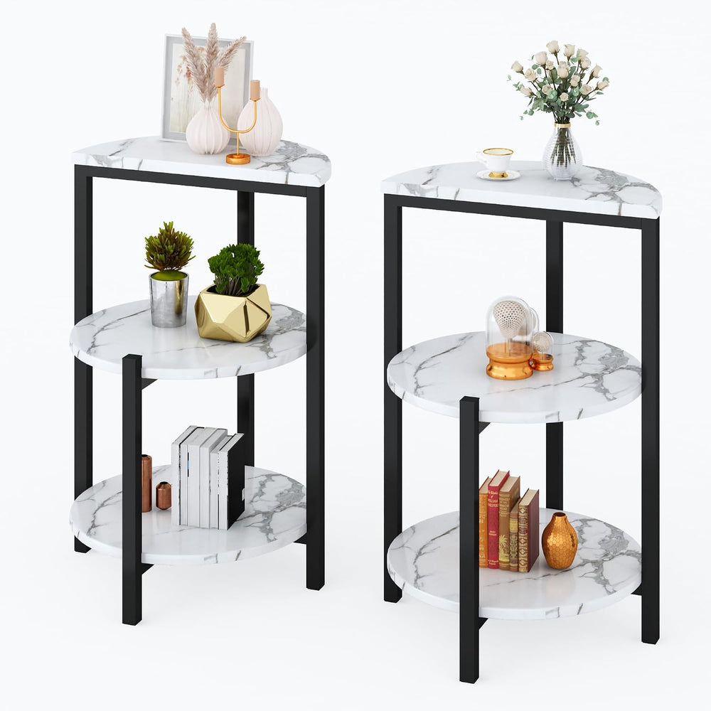 White and Black End Tables Set of 2, Round Marble Nightstand Set of 2 for Bed...