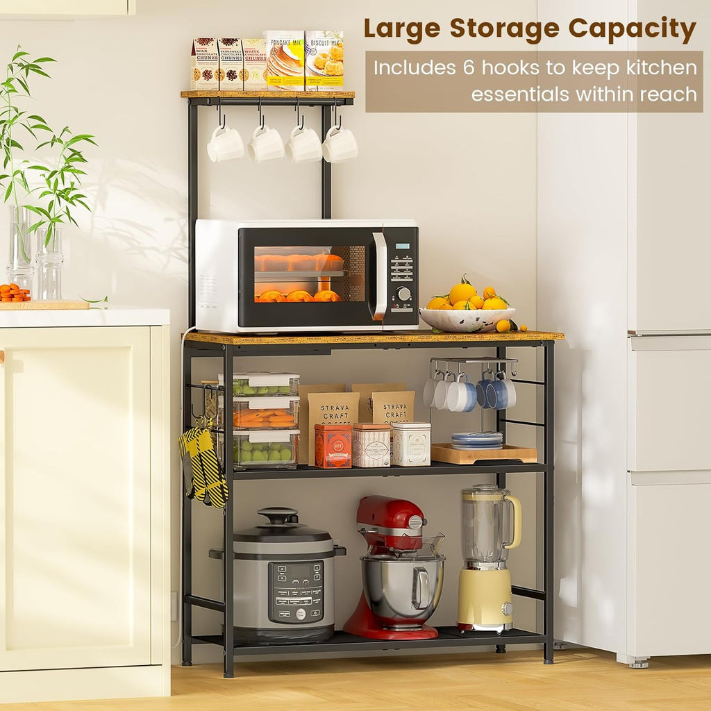 3IngSeagulls Bakers Rack with Storage, Kitchen Microwave Stand with Adjustable shelf and 6 S Hooks, 4-Tier Coffee Station Table, Kitchen Shelves for Spices, Pots, Rustic Brown