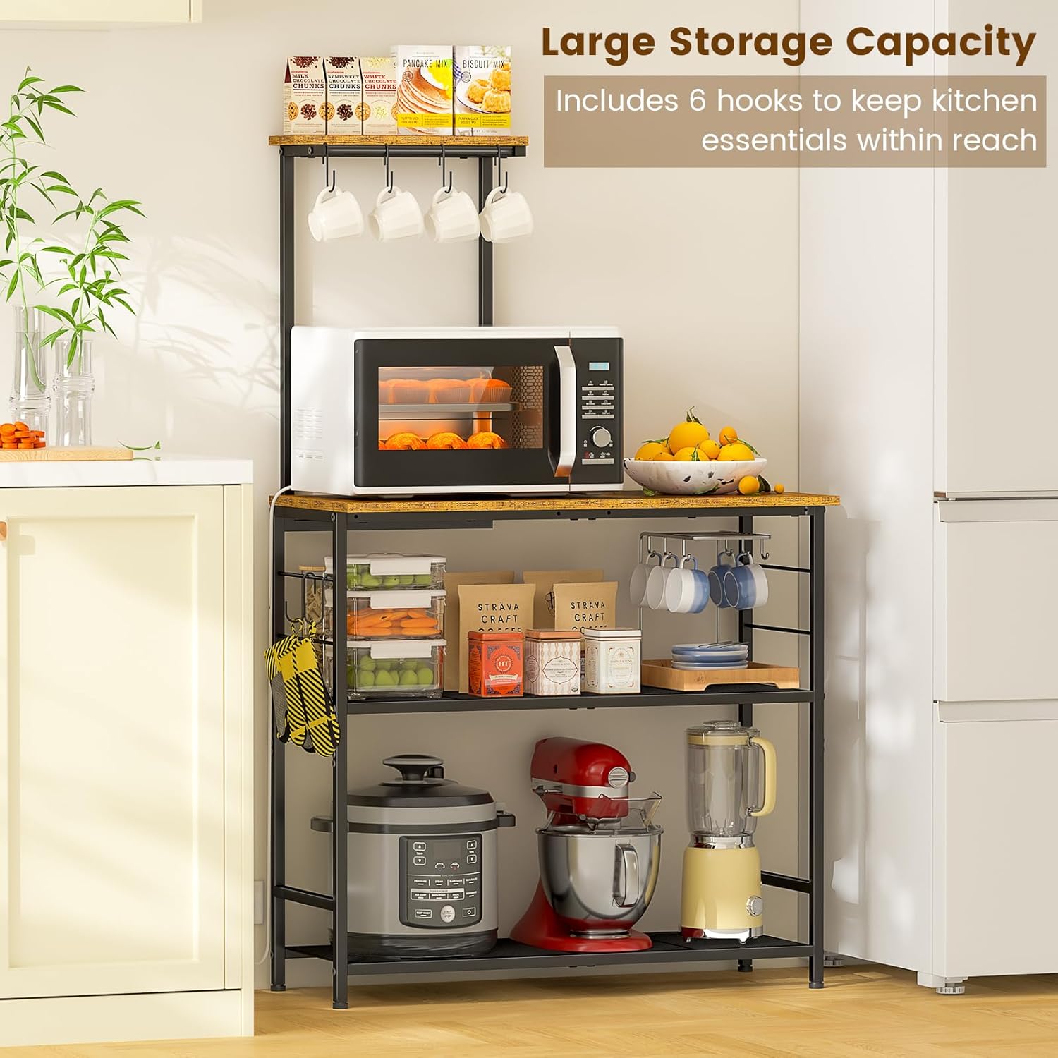 3IngSeagulls Bakers Rack with Storage, Kitchen Microwave Stand with Adjustable shelf and 6 S Hooks, 4-Tier Coffee Station Table, Kitchen Shelves for Spices, Pots, Rustic Brown
