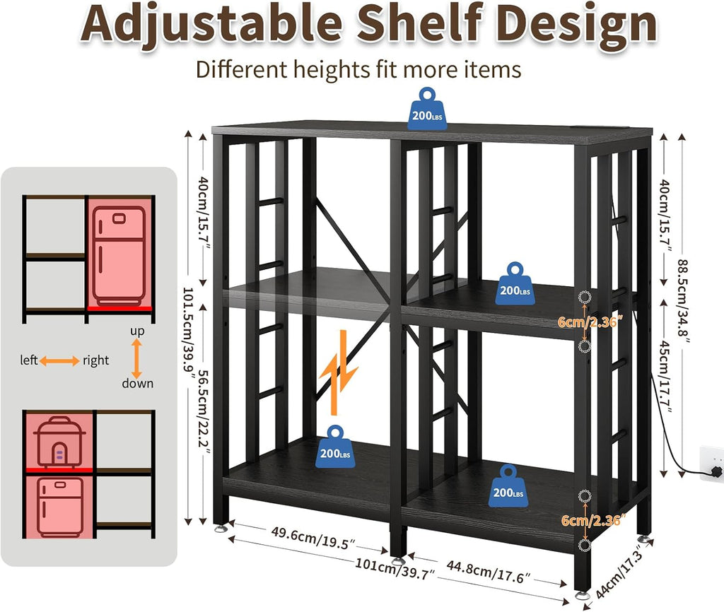 METYERRY Adjustable Kitchen Bakers Rack with Power Outlet,4-Tier Microwave Stand Kitchen Cart,Mini Fridge Stand with Storage,Bar Cabinet,Suitable for Office,Coffee Bar,Living Room,Patio, Black
