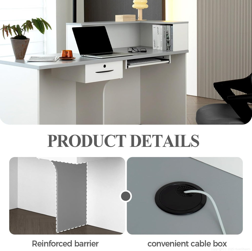 L Shape Reception Desk with Counter, Lockable Drawer, Keyboard Tray, and Double-Layer Storage for Salon, Office, or Clinic (White+Gray/Right, 71" L*24" W*39" H)