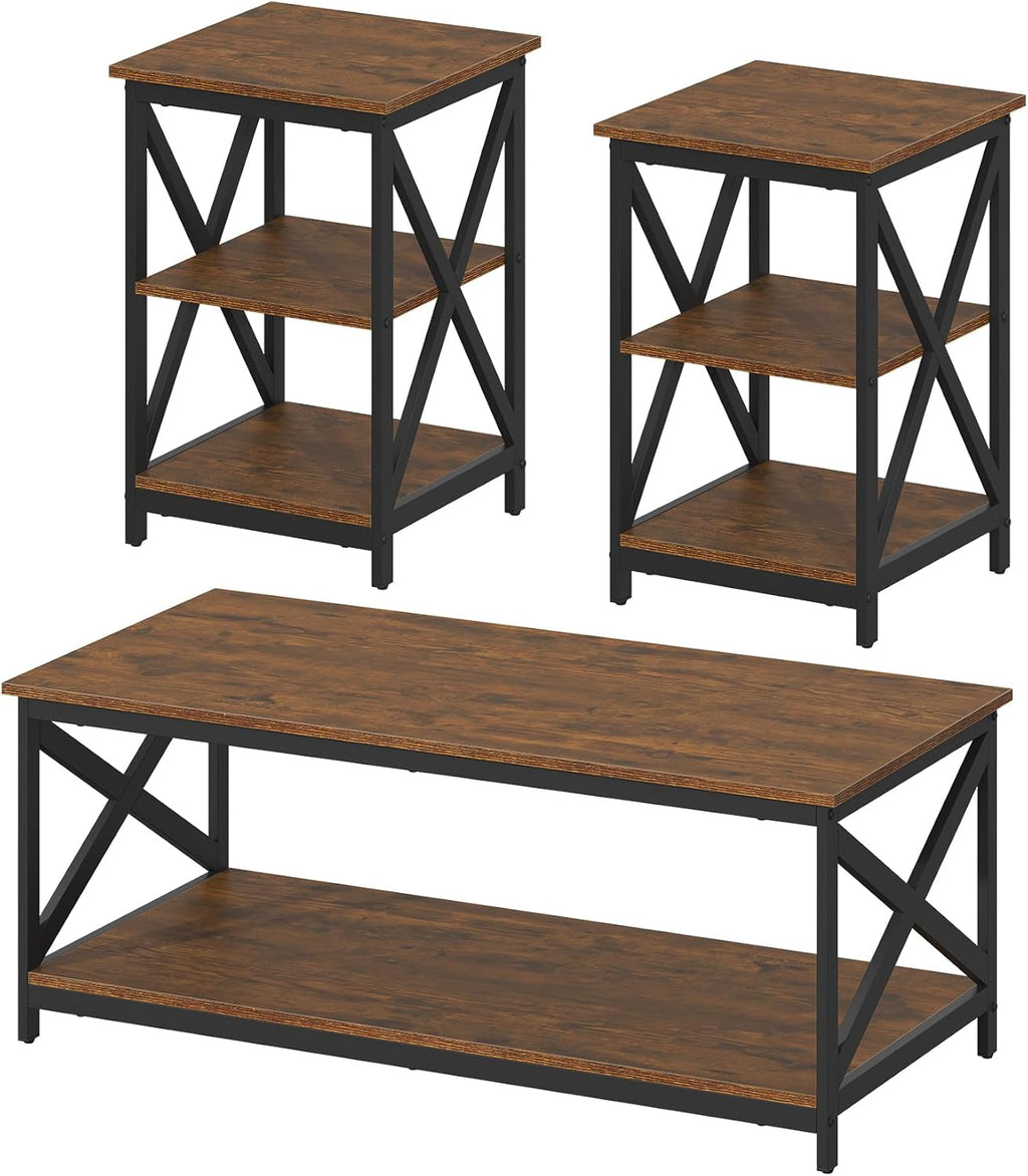 Bigbiglife Living Room Coffee Table Set of 3, Industrial X-Design Coffee Table and 2 End Side Tables, 3 Piece Living Room Table Set with Large Storage for Apartment Home (Rustic Brown)