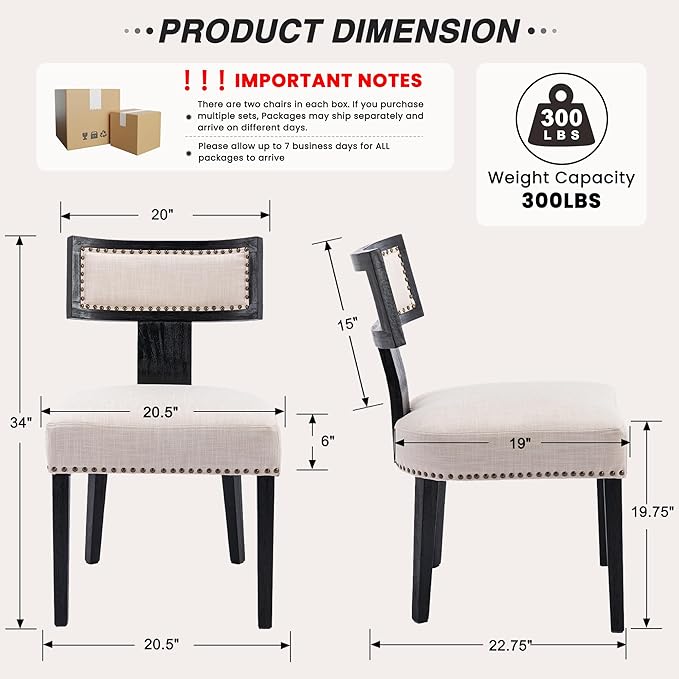 HNY Mid Century Modern Dining Chairs Set of 4, Farmhouse Linen Fabric Upholstered Accent Chairs Curved Nailhead Trim Backrest Kitchen Chairs, with Black Hardwood Frame, Beige