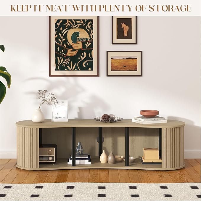 Fluted TV Stand with Storage Cabinet, 59″ Media Console with Sliding Tambour Door, Mid Century Modern Entertainment Center for Living Room, Oval Light Wood TV Stand for Bedroom (Oak)